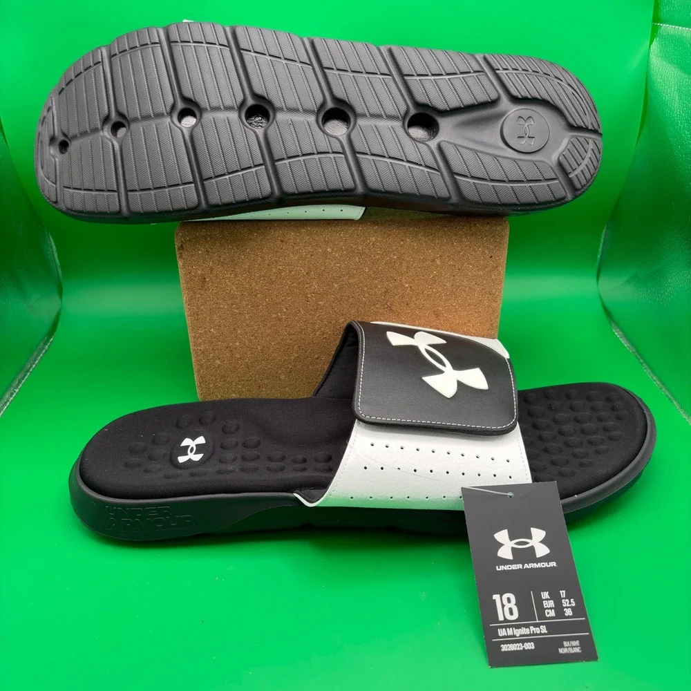 Under Armour Ignite Pro SL Sandals Mens 18 Black/White UA Adjustable Slides NWT